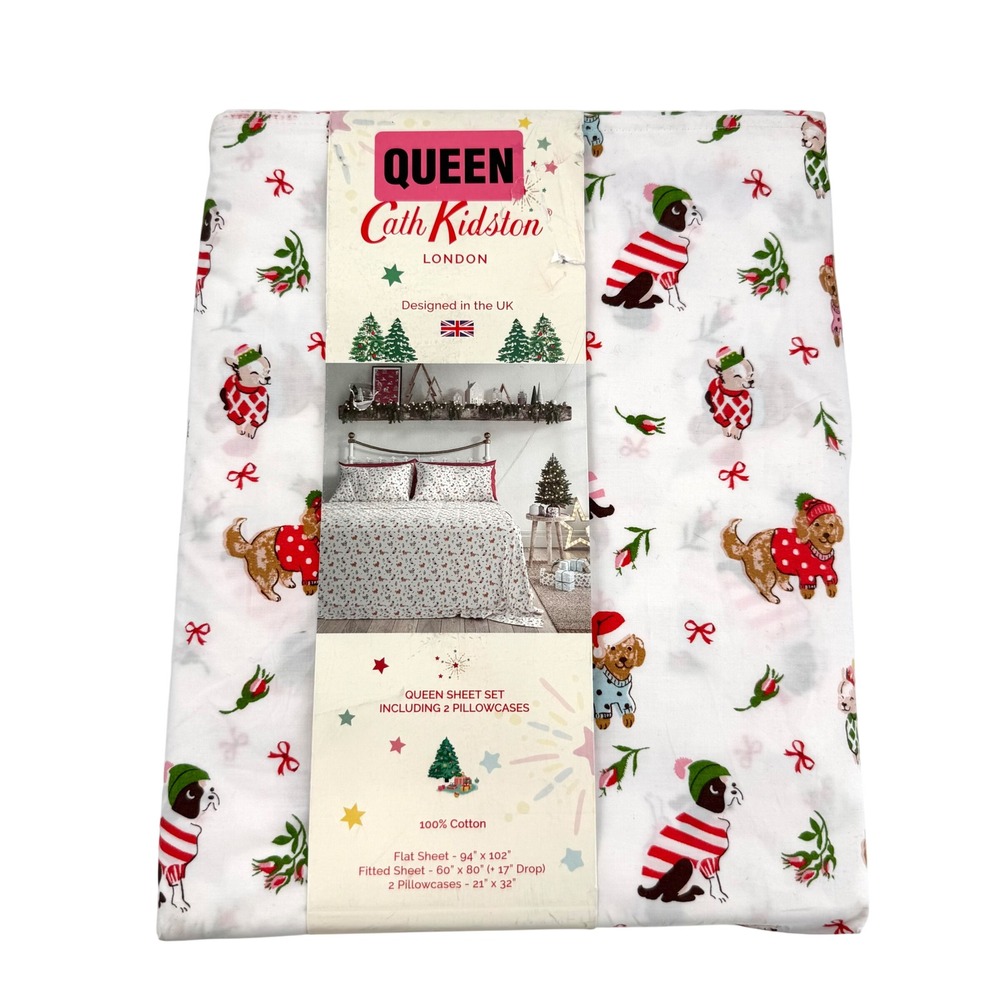 Cath Kidston Queen Sheet Set Puppy Love Pink New Cotton Christmas Dog Bedding